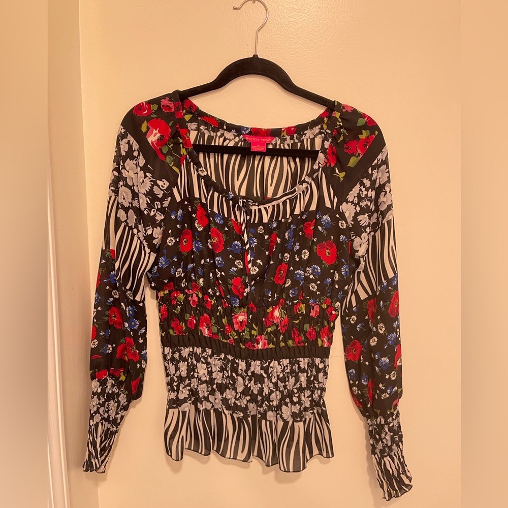 Sunny Leigh Black Blouse with Red & Blue Floral Accents